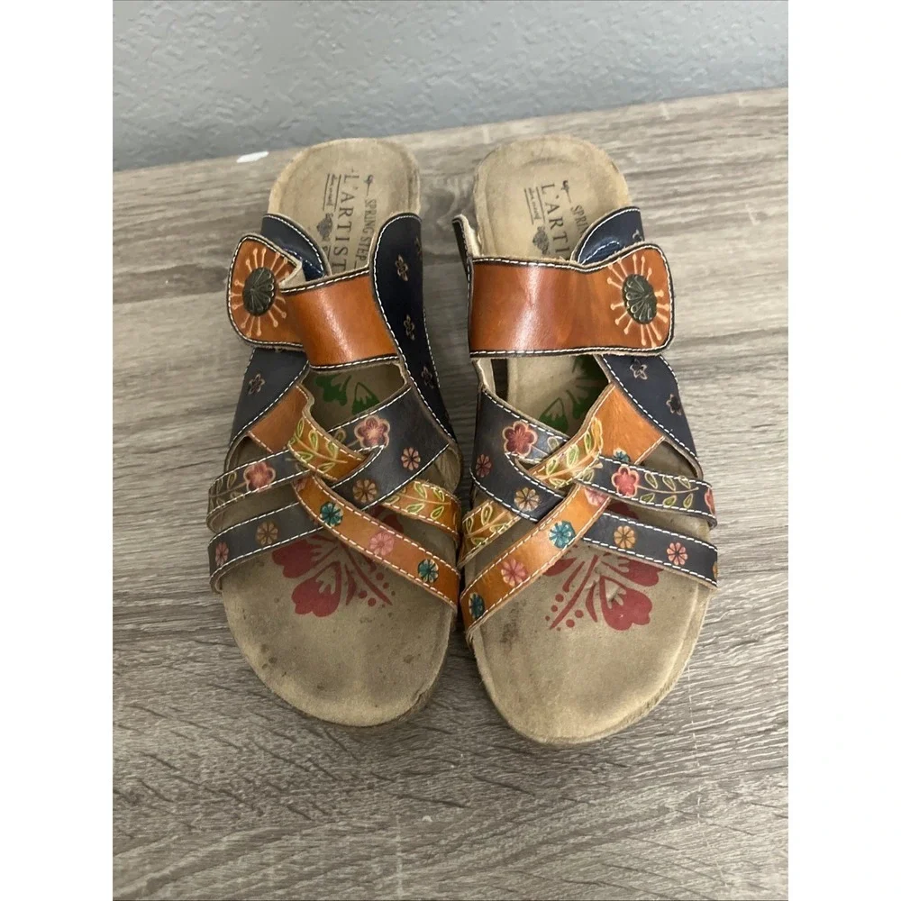 Spring Step LArtiste Sandals Womens 40 Navy Brown Jadora Floral Leather Wedge
